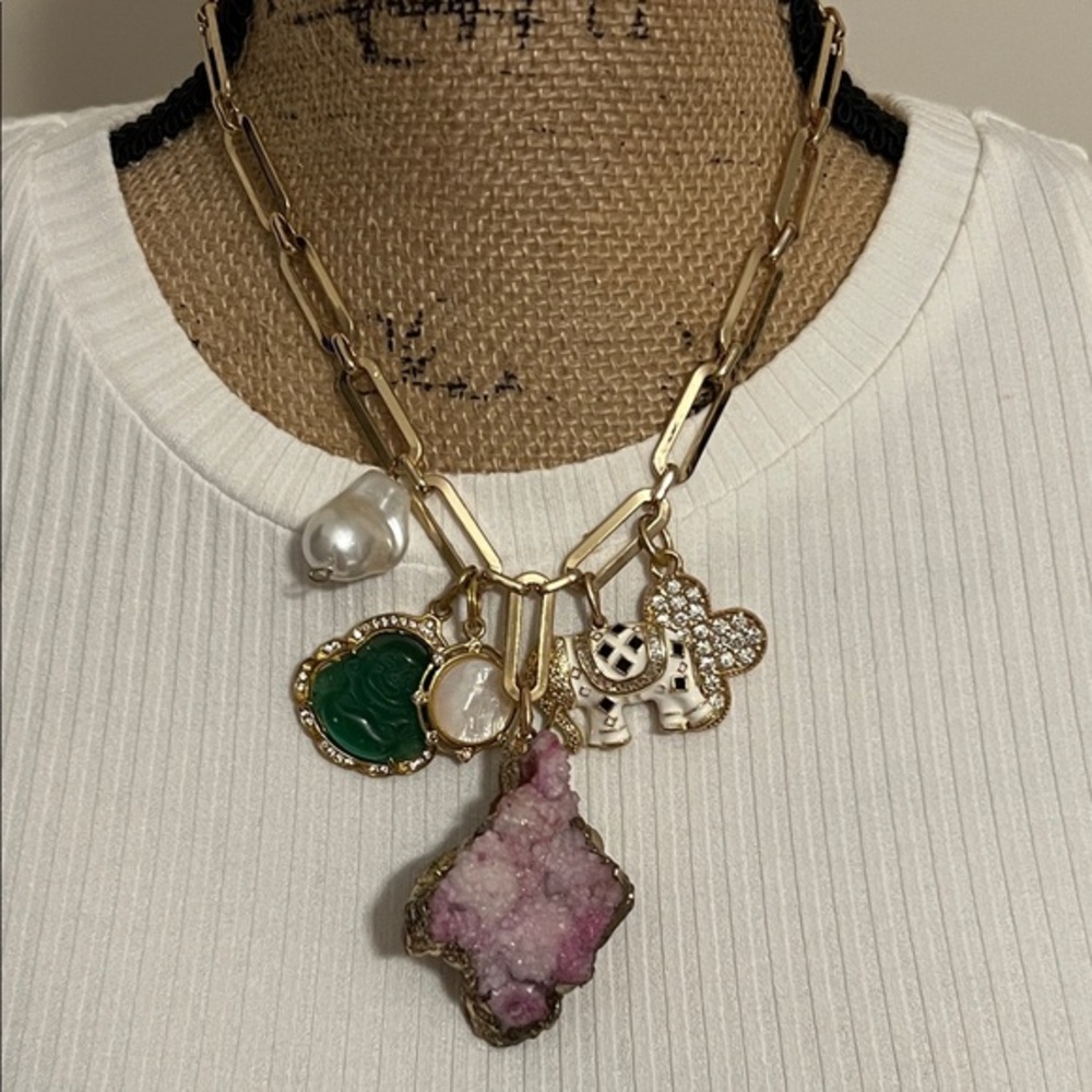 Boho Luxe Gold Charm Statement Necklace – Pearl, Gemstone, and Crystal Cluster